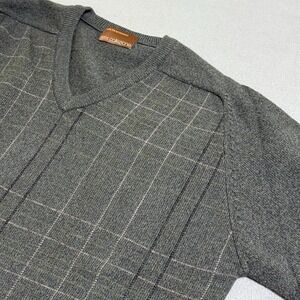 Vtg Mens M Sweater Green Lambswool Wool Extra Fine Pullover Plaid  Preppy Y2K